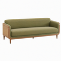 Canapé 2 places 180 cm tissu vert olive bois et cannage style vintage
