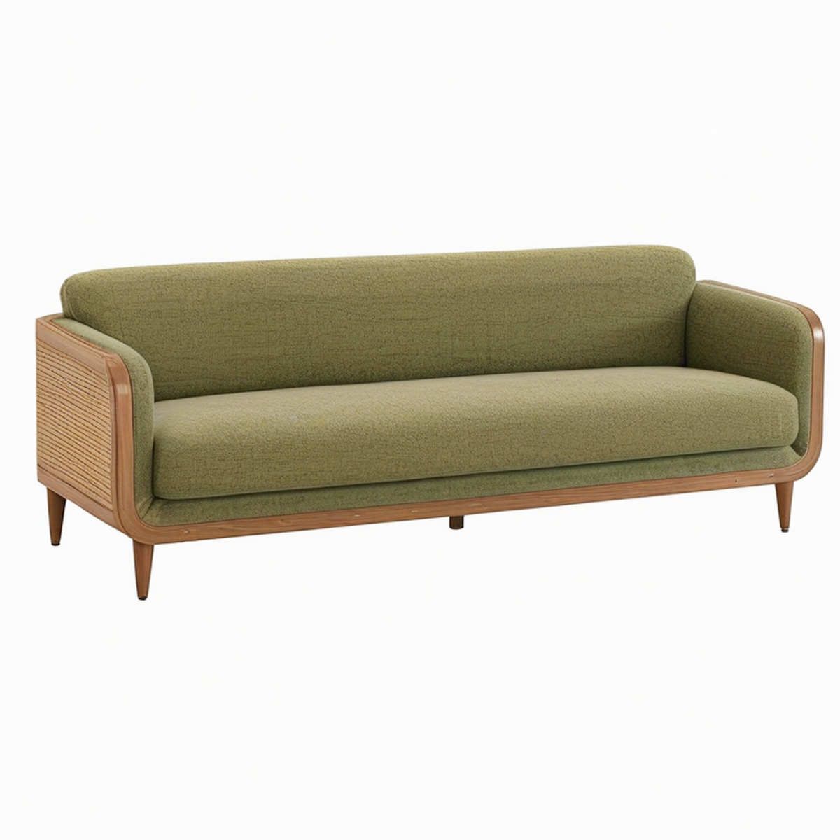 Canapé 2 places 180 cm tissu vert olive bois et cannage style vintage