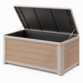 Coffre de rangement extérieur 130 x 65 x 70 cm en résine taupe effet bois à couvercle assisté