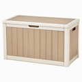 Coffre de rangement extérieur 120 x 60 x 60 cm en résine beige marron effet bois avec couvercle