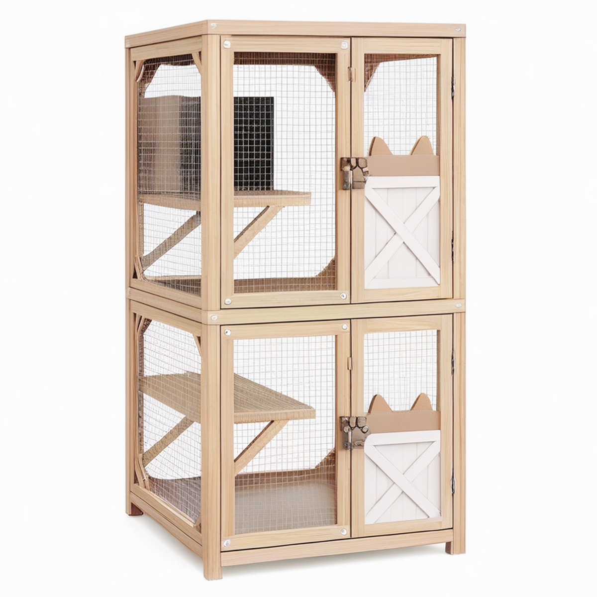 Cage pour chat 80 x 60 x 180 cm en bois naturel et métal blanc à deux niveaux avec plateformes
