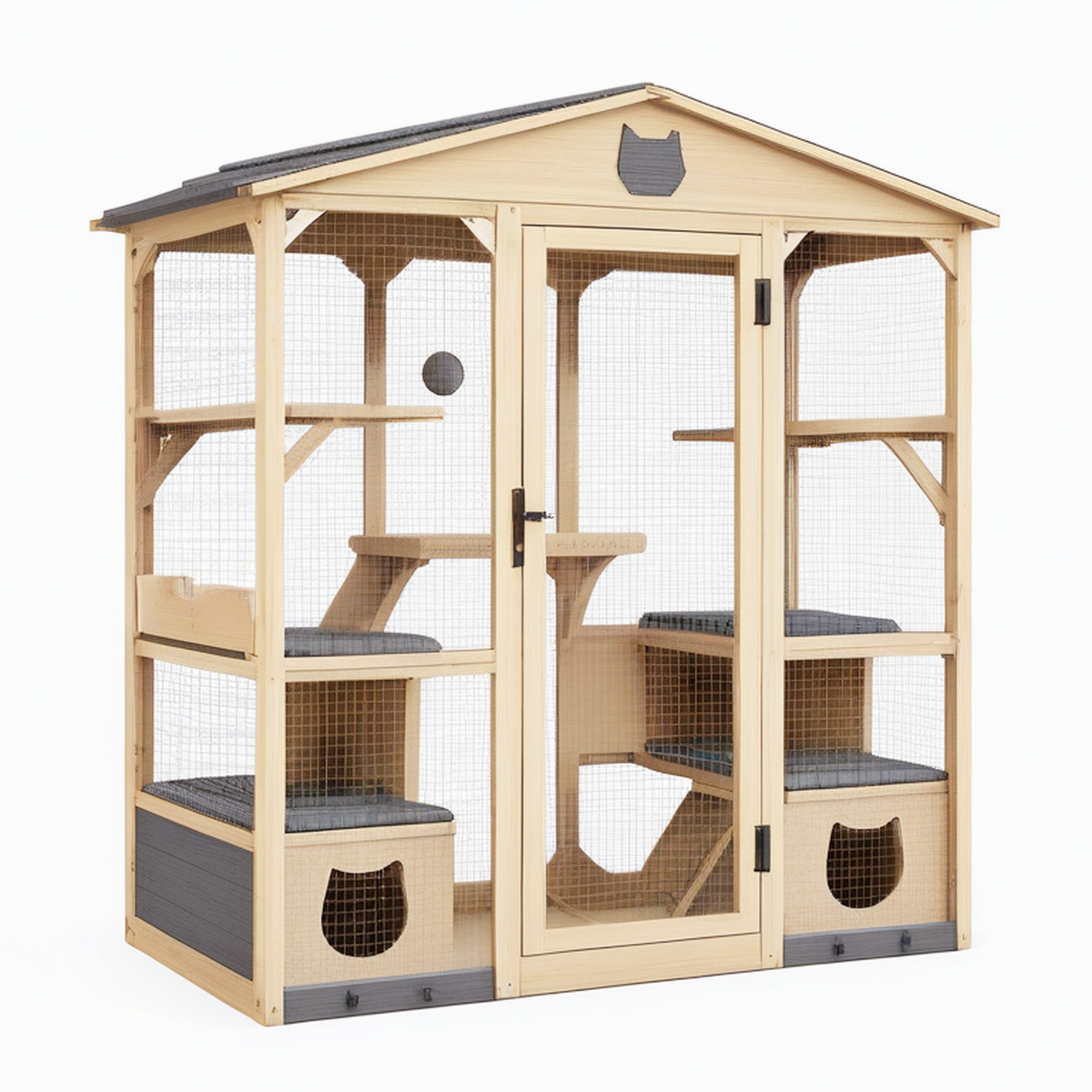 Enclos extérieur pour chat 180 x 90 x 180 cm en bois naturel et gris avec grillage et plateformes